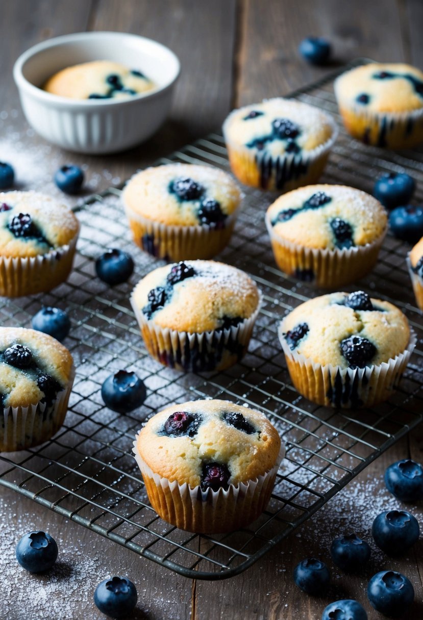 A rustic kitchen table with freshly baked blueberry muffins cooling on a wire rack, surrounded by scattered blueberries and a dusting of powdered sugar