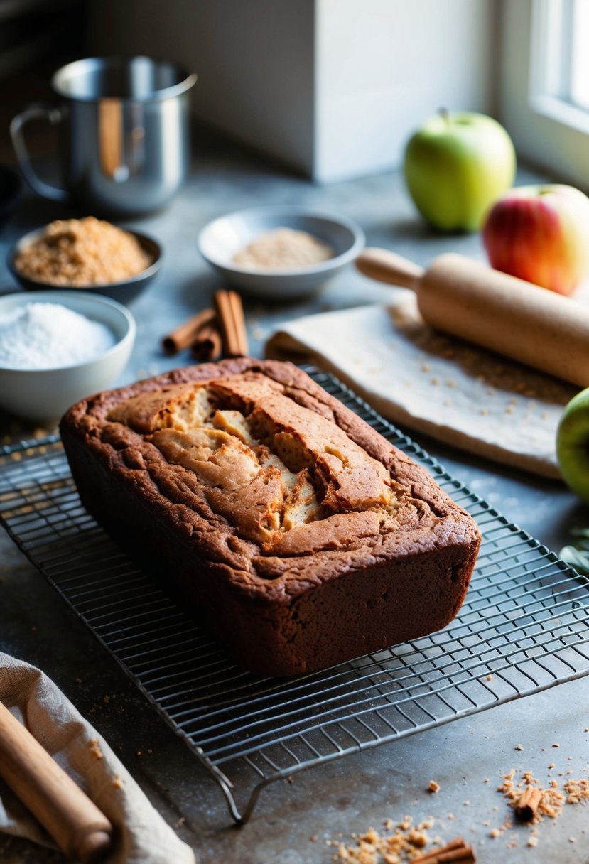 A rustic kitchen counter with a freshly baked loaf of apple cinnamon bread cooling on a wire rack, surrounded by scattered ingredients and a rolling pin