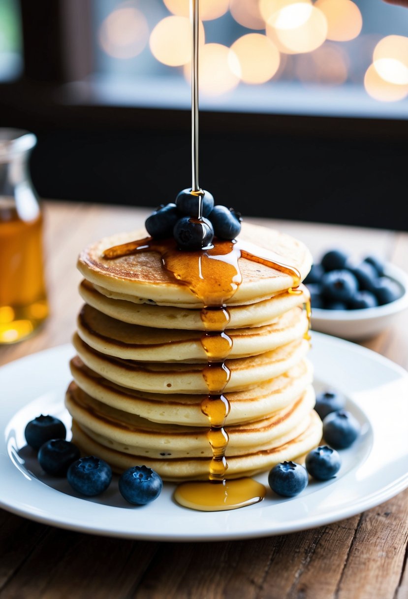 A stack of golden brown blueberry pancakes topped with fresh blueberries and a drizzle of syrup on a white plate