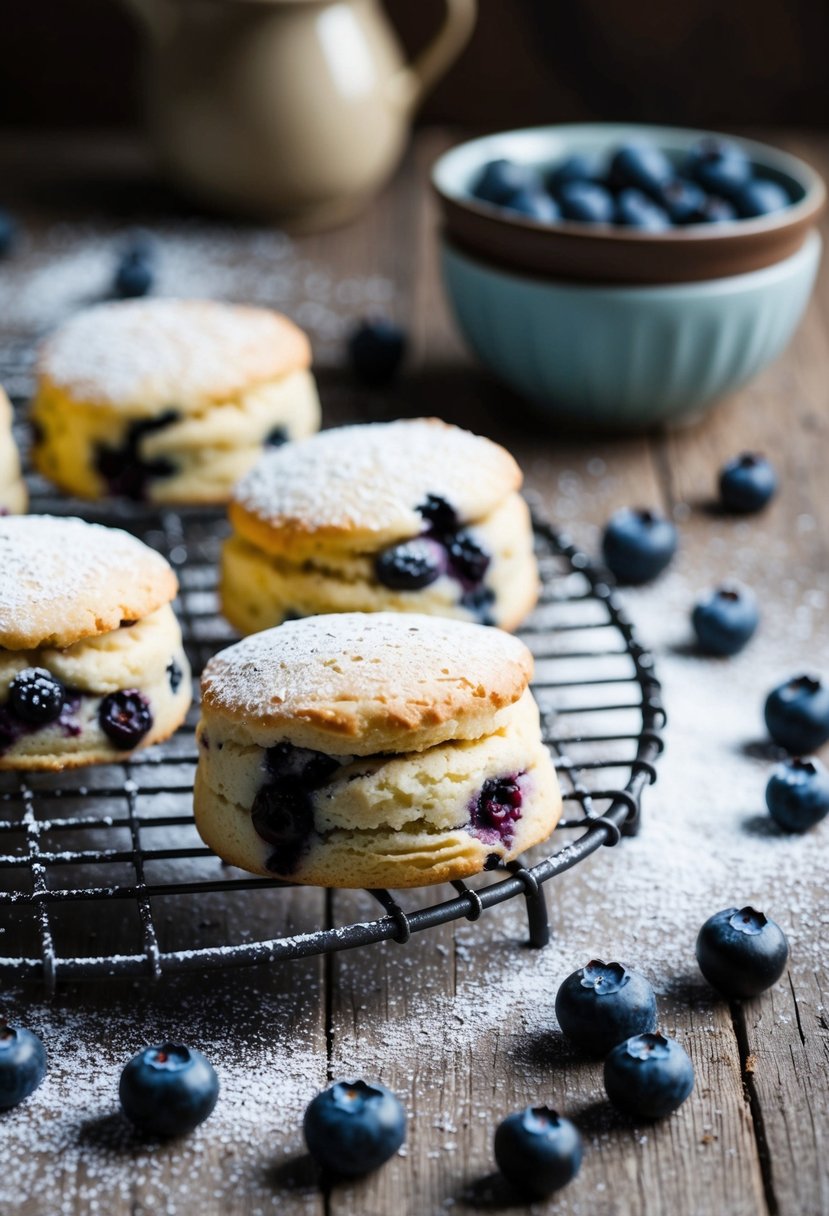 A rustic kitchen table with freshly baked blueberry scones cooling on a wire rack, surrounded by scattered blueberries and a dusting of powdered sugar