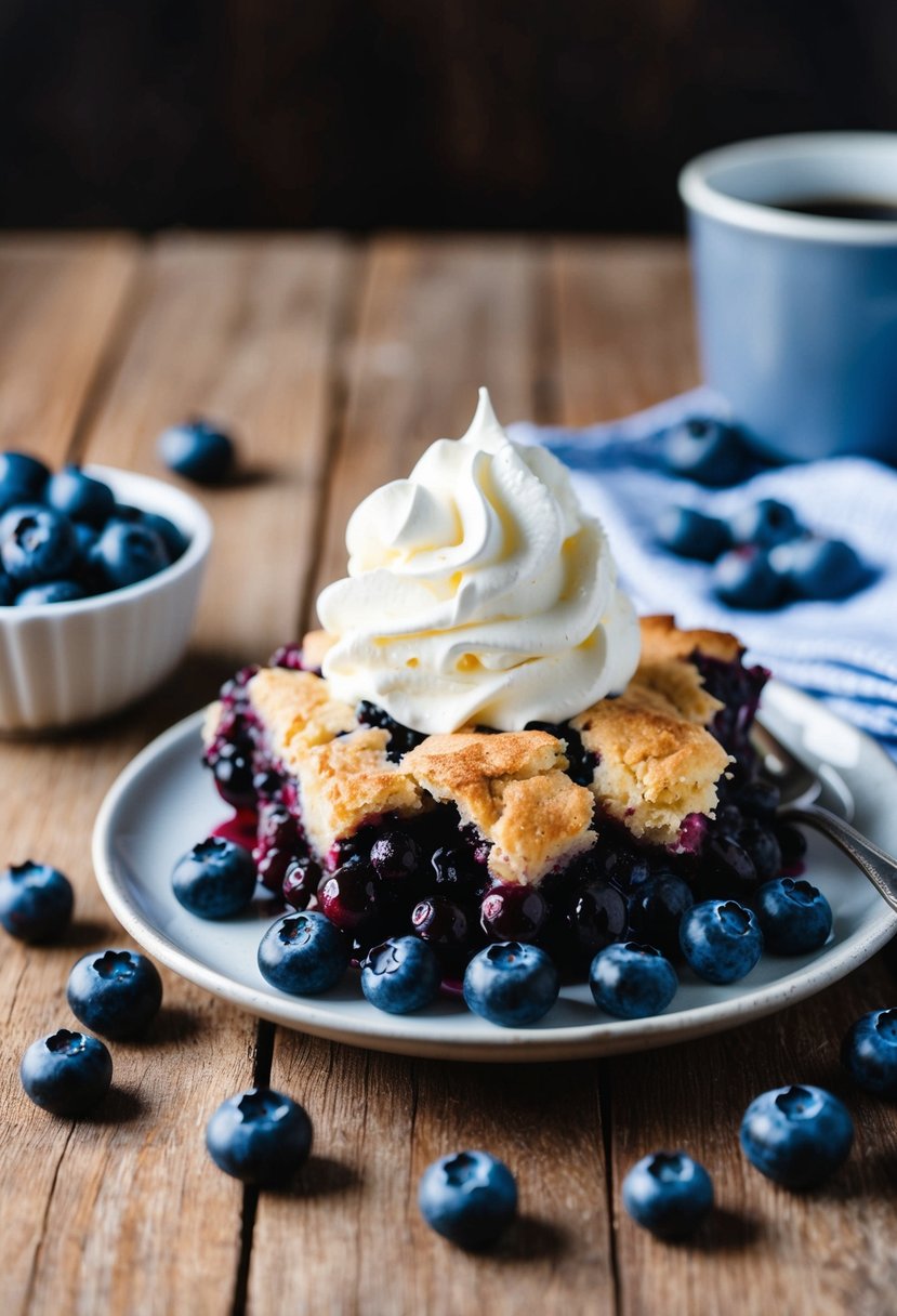 A rustic blueberry cobbler sits on a wooden table, surrounded by fresh blueberries and a dollop of whipped cream