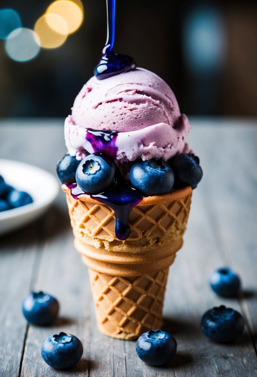 A scoop of blueberry ice cream topped with fresh blueberries and a drizzle of blueberry syrup on a waffle cone