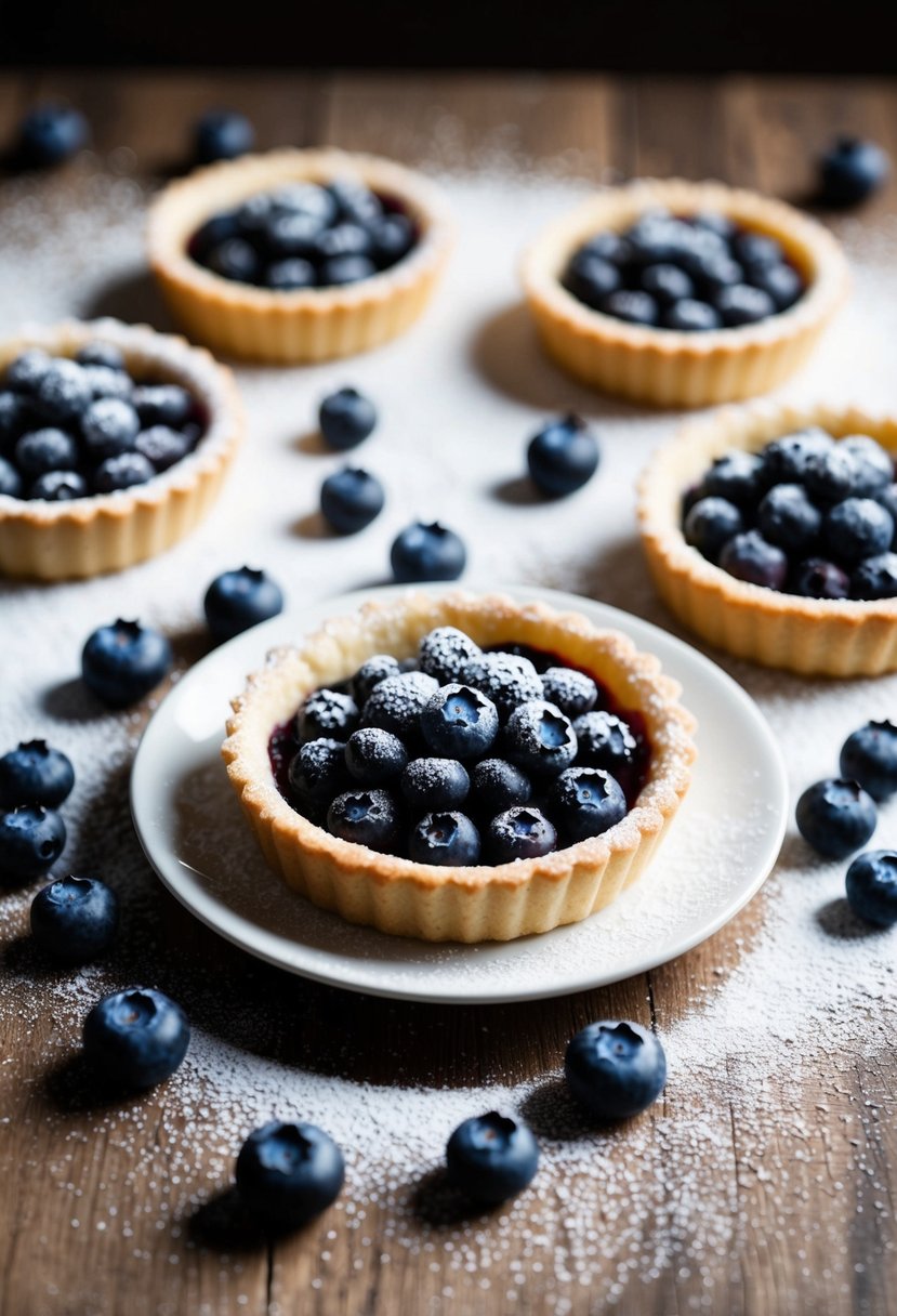 A table set with freshly baked blueberry tarts, surrounded by scattered blueberries and a dusting of powdered sugar