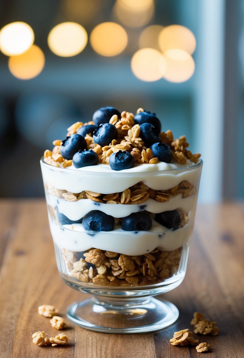 A glass parfait dish filled with layers of creamy yogurt, fresh blueberries, and crunchy granola