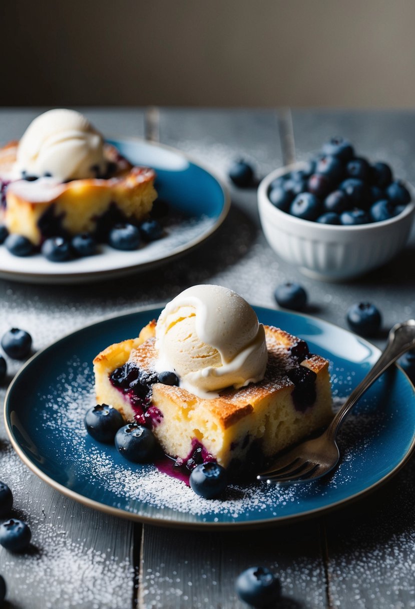 A table set with a warm blueberry bread pudding topped with a scoop of vanilla ice cream, surrounded by fresh blueberries and a dusting of powdered sugar