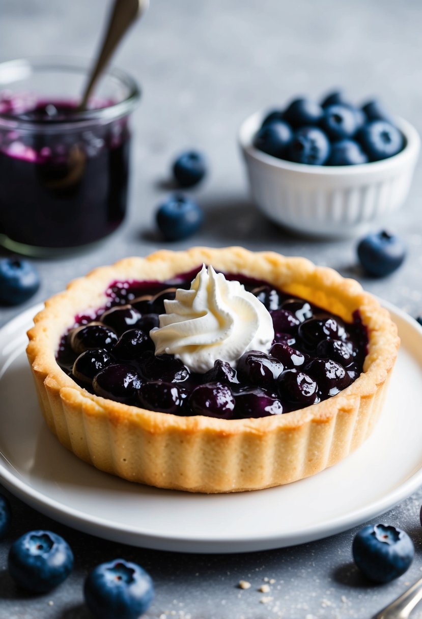 A golden-brown tart filled with glistening blueberry jam, surrounded by fresh blueberries and a dollop of whipped cream