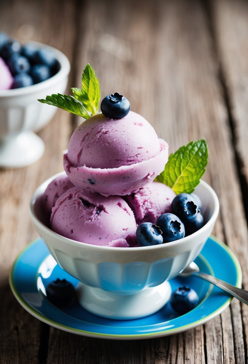 A bowl of vibrant blueberry-lime sorbet garnished with fresh blueberries and a sprig of mint, sitting on a rustic wooden table