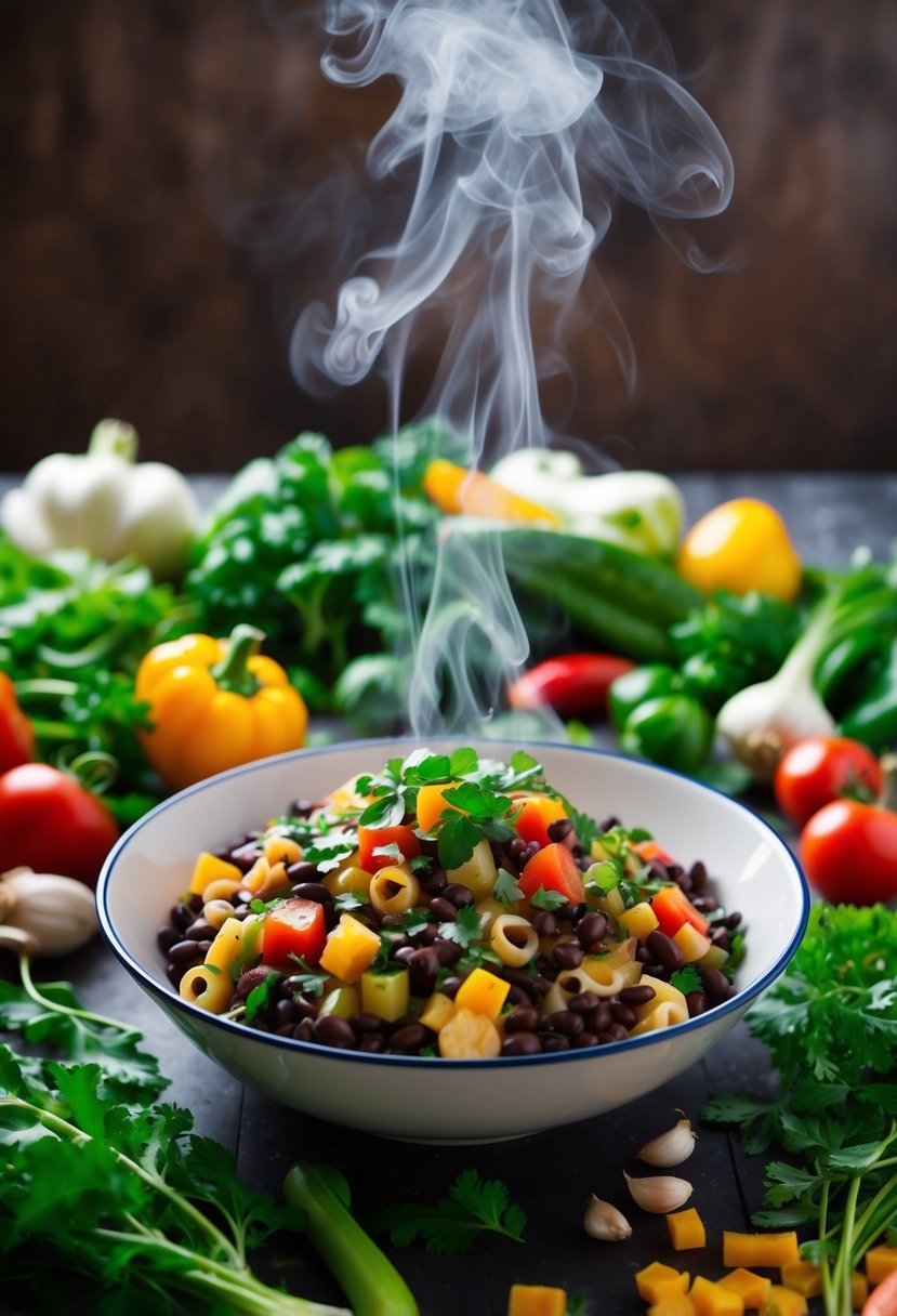 A colorful array of fresh vegetables and herbs scattered around a bowl of black bean pasta, with steam rising from the dish