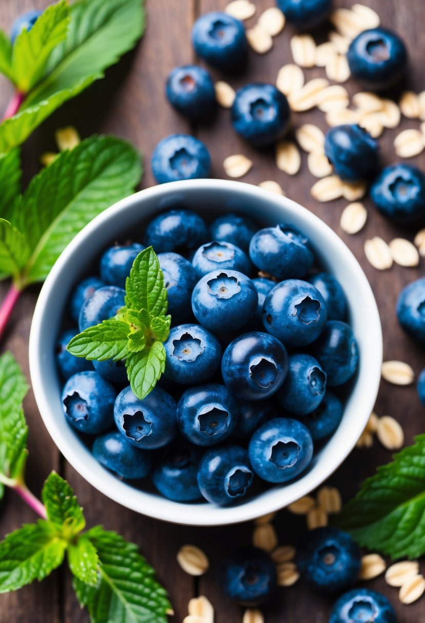 A bowl of vibrant blueberries surrounded by fresh mint leaves and a scattering of oats