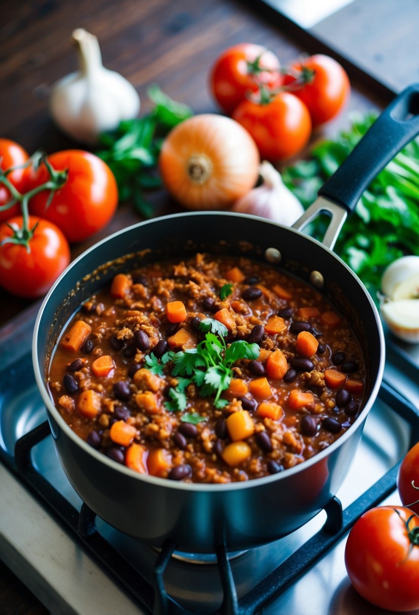 A bubbling pot of vegan black bean bolognese simmers on the stove, surrounded by fresh ingredients like tomatoes, onions, and garlic