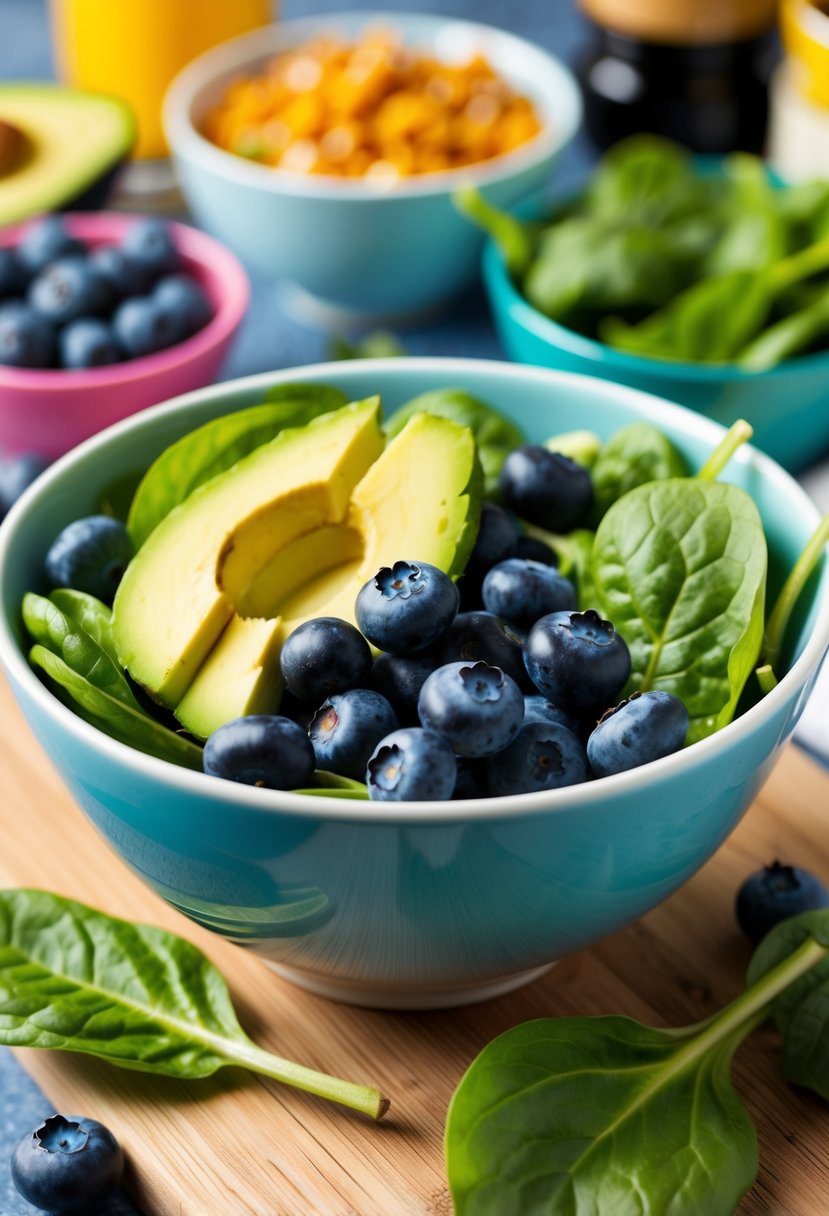 A vibrant salad bowl filled with fresh blueberries, sliced avocado, and leafy spinach, set against a backdrop of colorful kitchen ingredients