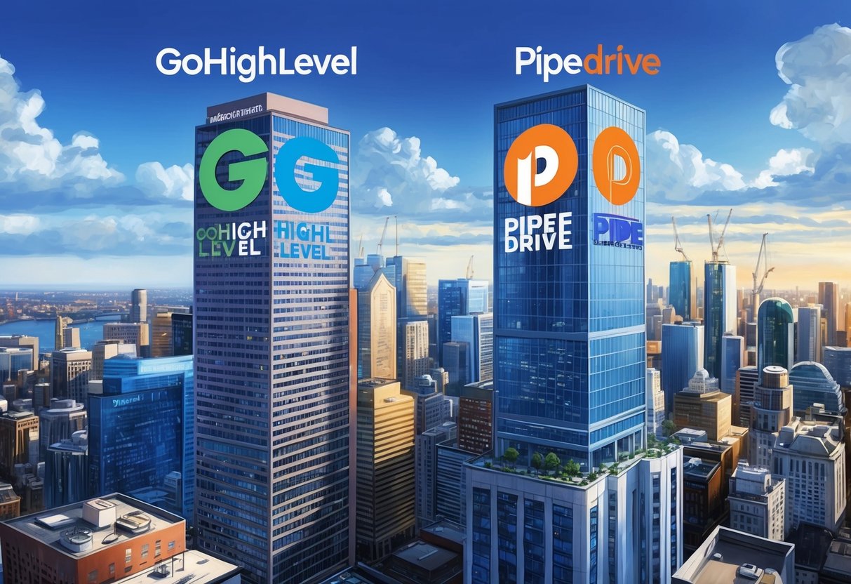 A bustling city skyline with two towering buildings representing GoHighLevel and Pipedrive, each with their distinctive logos prominently displayed