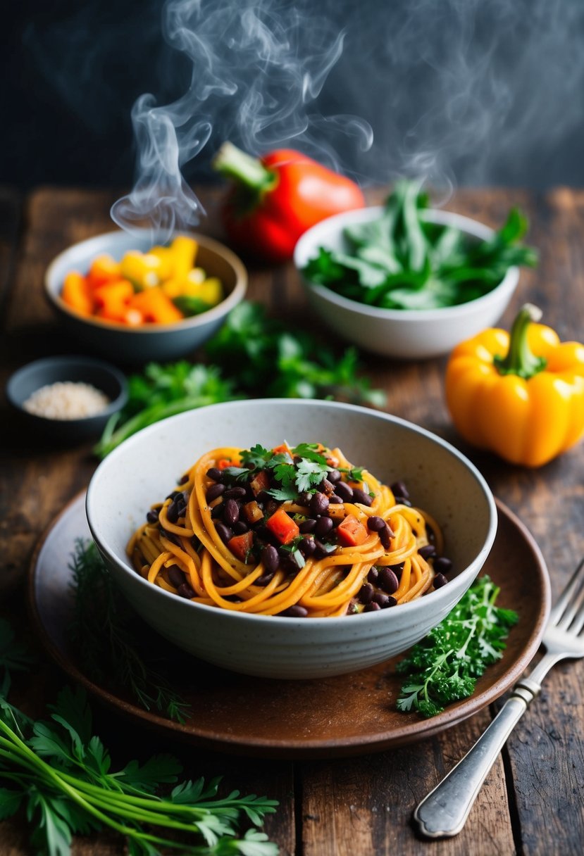 A steaming bowl of spicy black bean pasta surrounded by colorful vegetables and herbs on a rustic wooden table