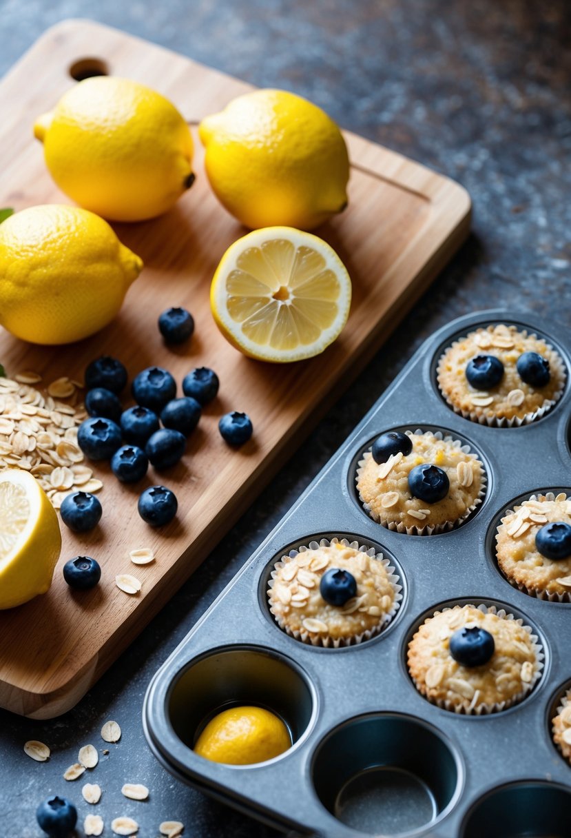 A rustic kitchen counter with a wooden cutting board holding fresh lemons, blueberries, and oats, alongside a muffin tin filled with lemon-blueberry oatmeal muffin batter