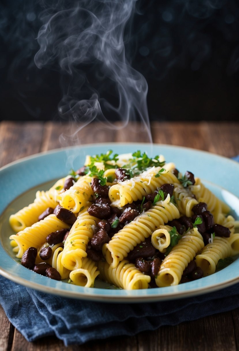 A steaming plate of rotini coated in rich, black bean sauce, garnished with fresh herbs and grated cheese