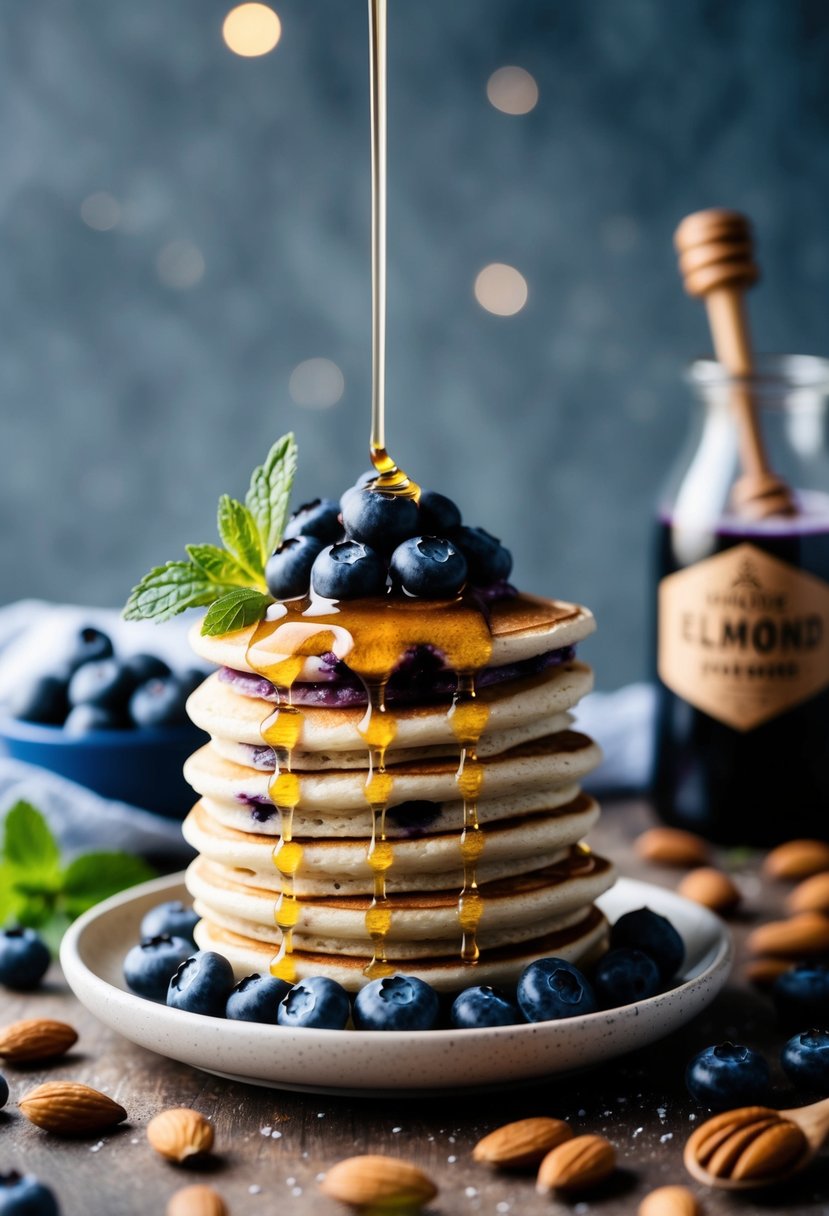 A stack of blueberry almond flour pancakes topped with fresh blueberries and drizzled with honey, surrounded by scattered almonds and a sprig of mint