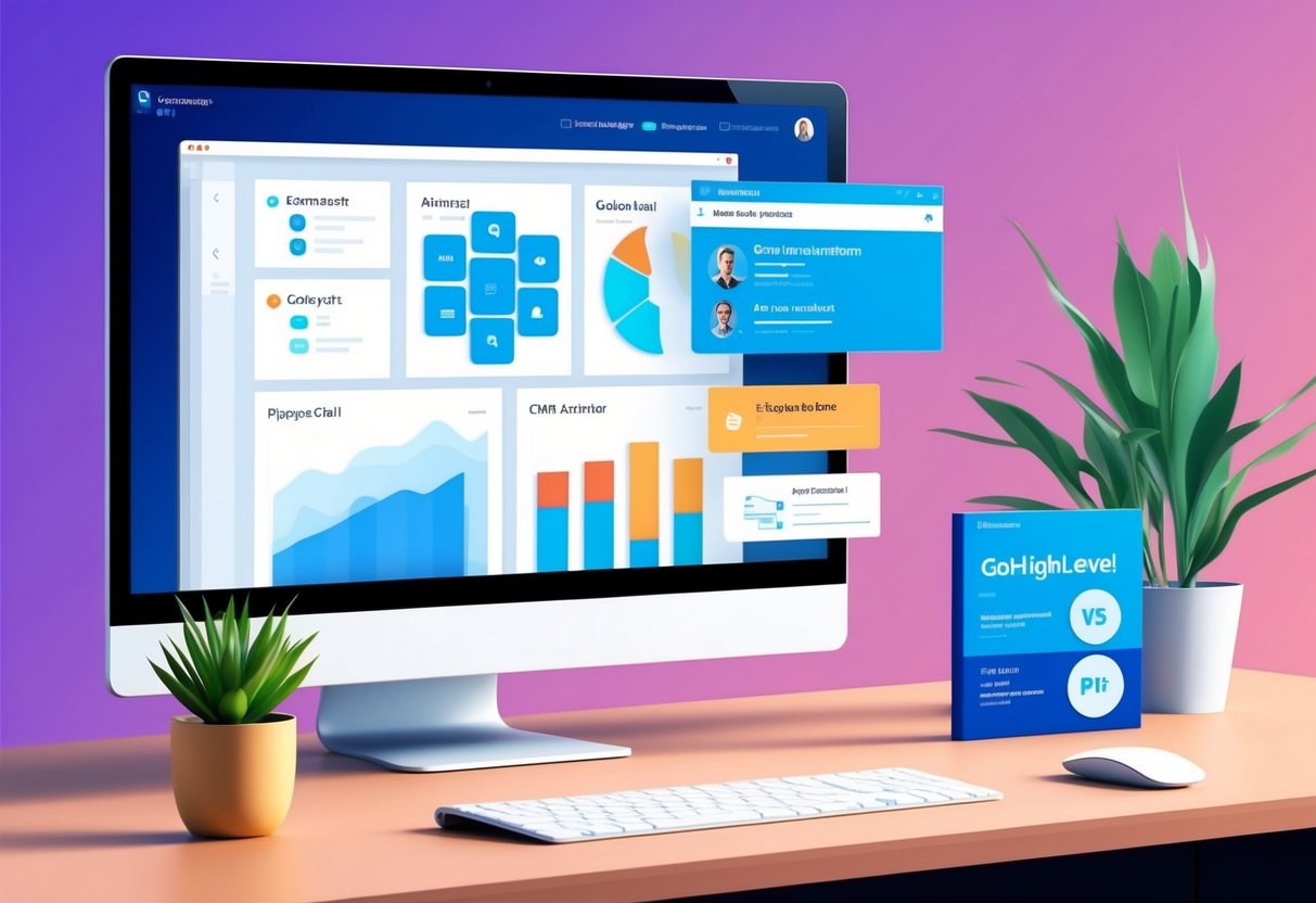 A modern, sleek interface with various CRM features displayed on a computer screen, with a comparison chart between GoHighLevel and Pipedrive