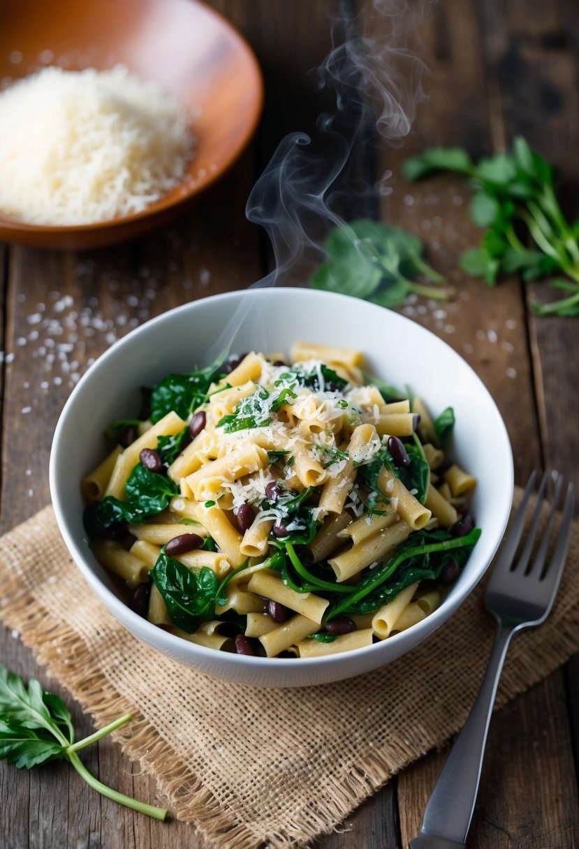 A steaming bowl of Italian black bean pasta with spinach, garnished with fresh herbs and grated cheese, sits on a rustic wooden table