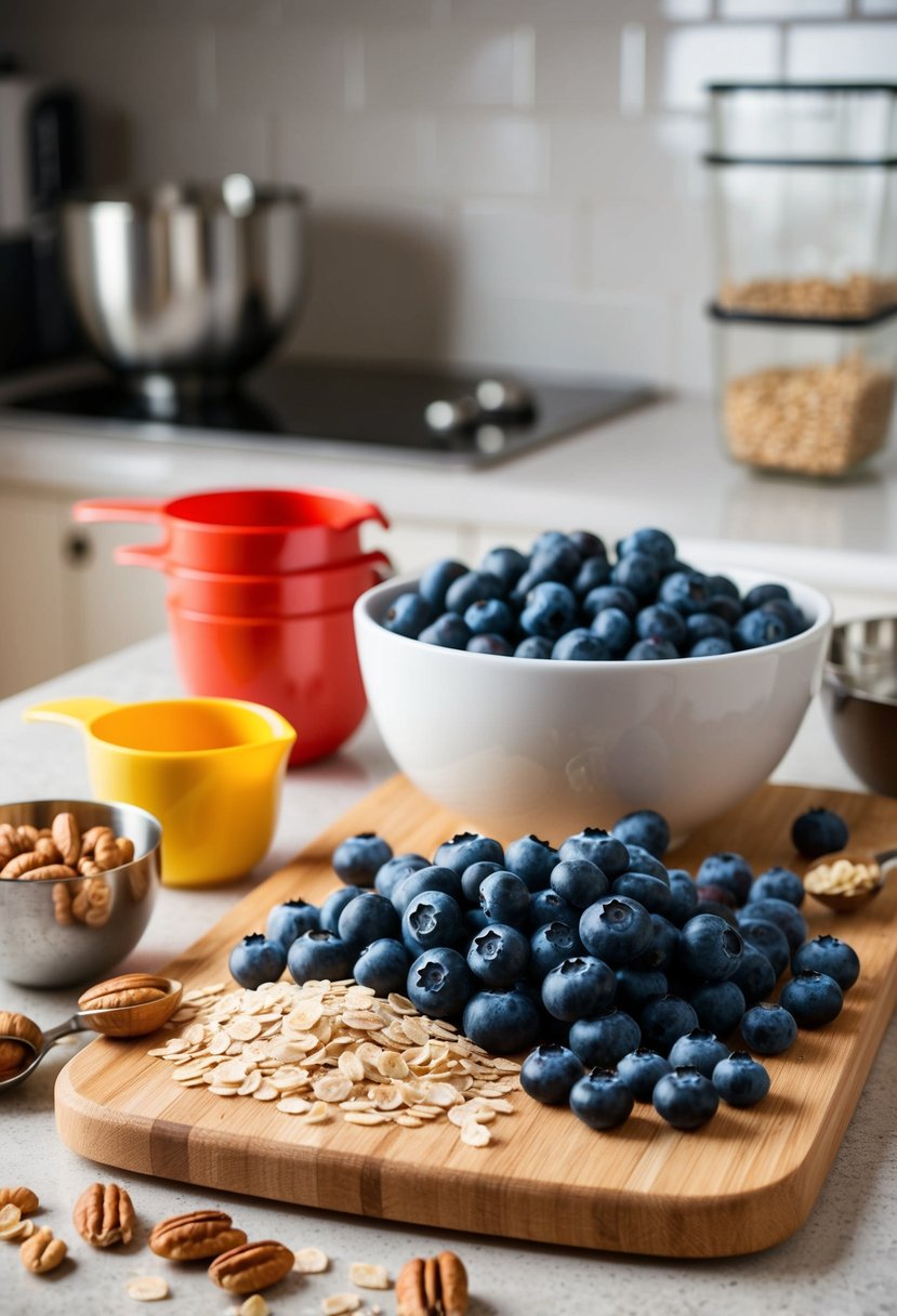 A kitchen counter with a cutting board, fresh blueberries, oats, and nuts, surrounded by measuring cups and a mixing bowl