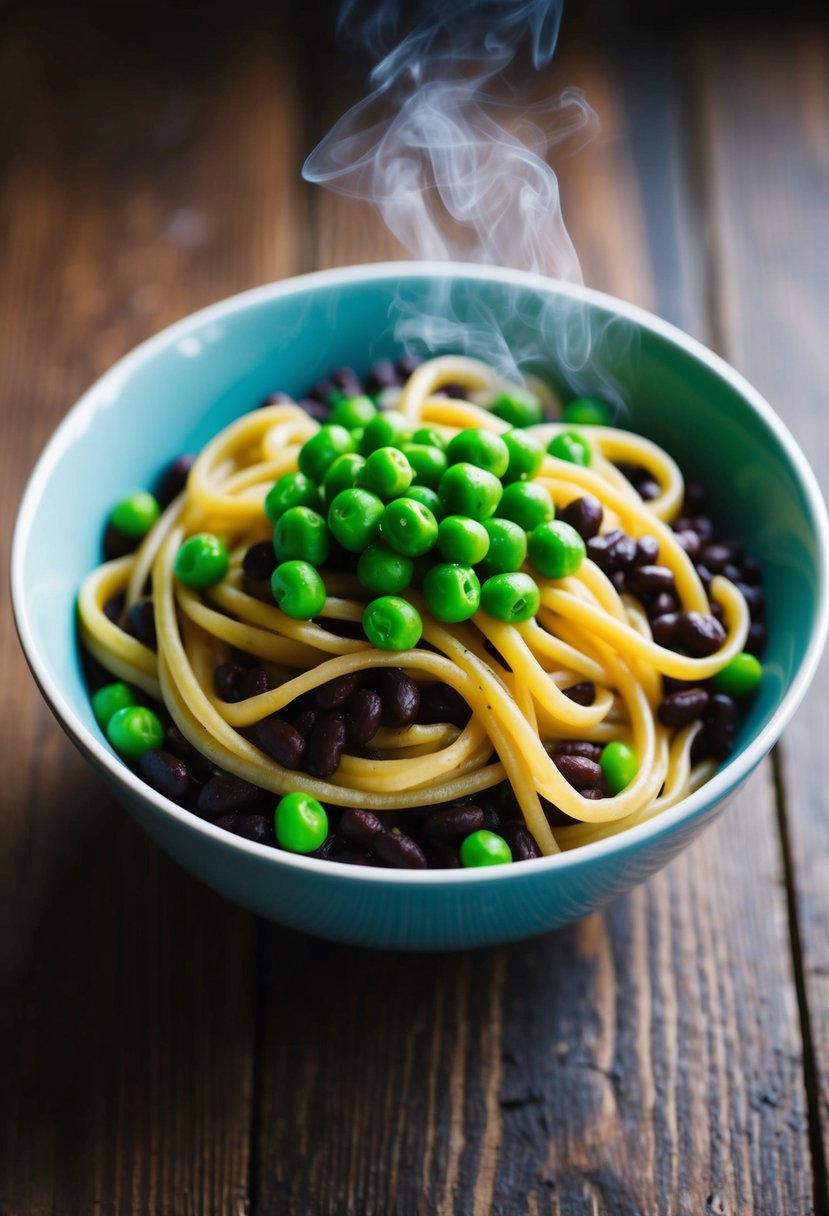 A steaming bowl of black bean pasta topped with vibrant green fresh peas on a rustic wooden table