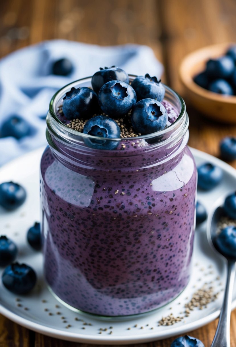 A glass jar filled with vibrant blueberry chia seed pudding, topped with fresh blueberries and a sprinkle of chia seeds