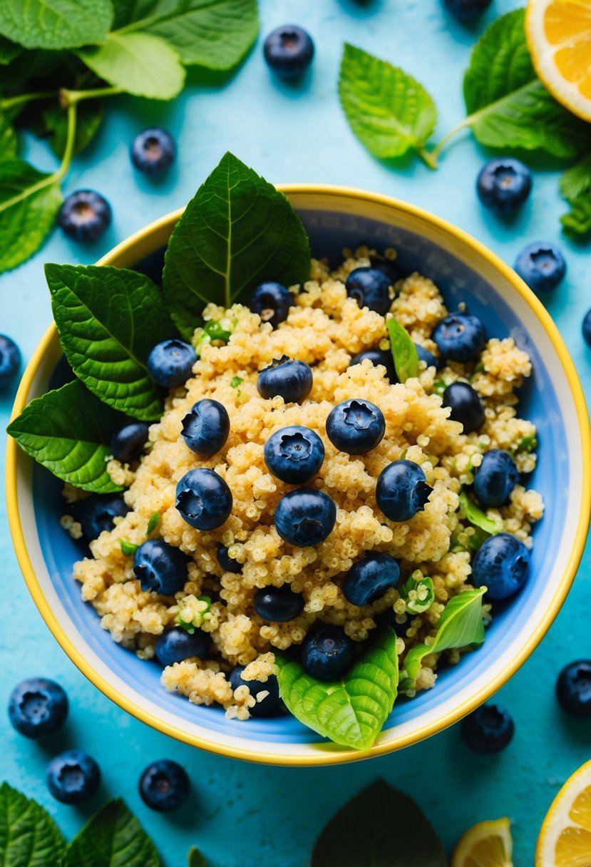 A colorful bowl of blueberry quinoa salad surrounded by fresh blueberries and vibrant green leaves