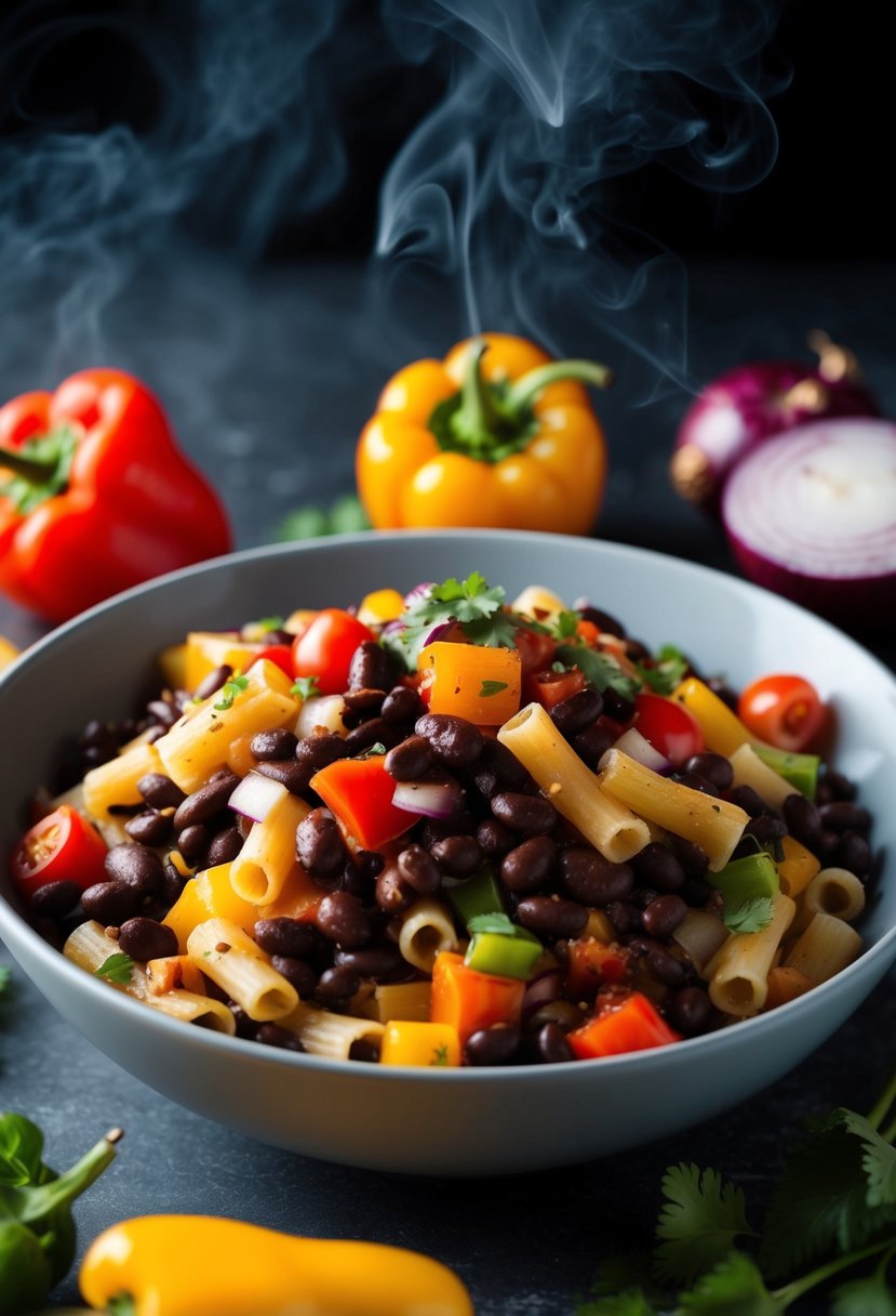 A steaming bowl of black bean pasta with colorful bell peppers, tomatoes, and onions, surrounded by a smoky southwestern atmosphere