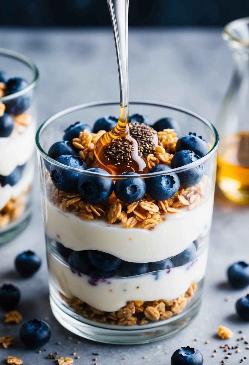 A glass parfait dish filled with layers of Greek yogurt, fresh blueberries, and granola, topped with a drizzle of honey and a sprinkle of chia seeds