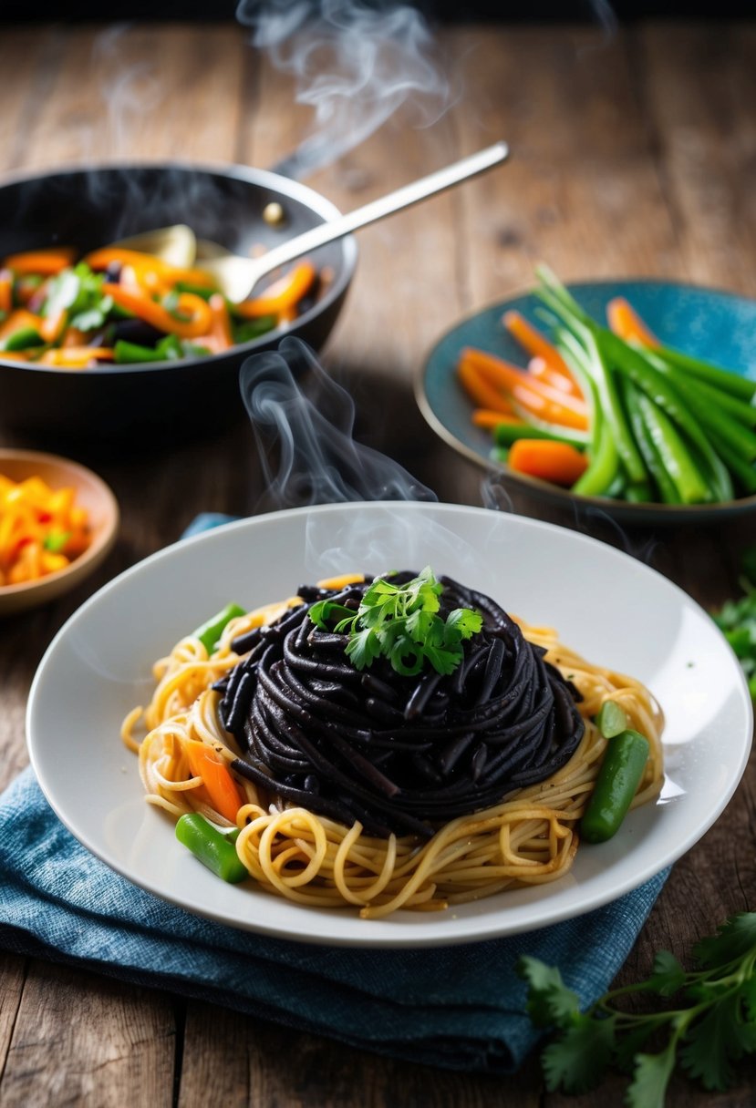 A steaming plate of black bean noodles surrounded by colorful sautéed vegetables on a rustic wooden table