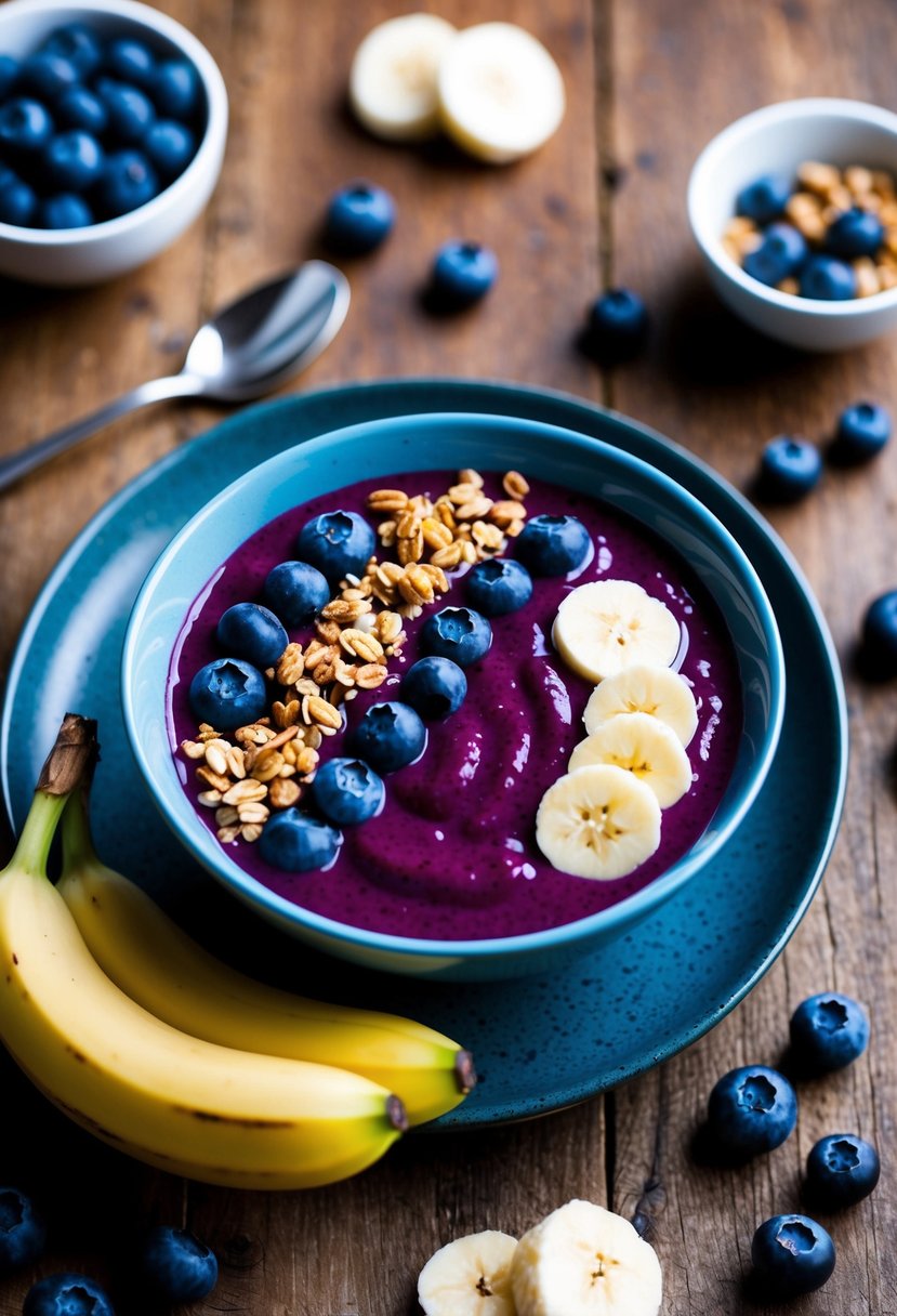 A vibrant blueberry smoothie bowl surrounded by fresh blueberries, sliced bananas, and granola, sitting on a rustic wooden table