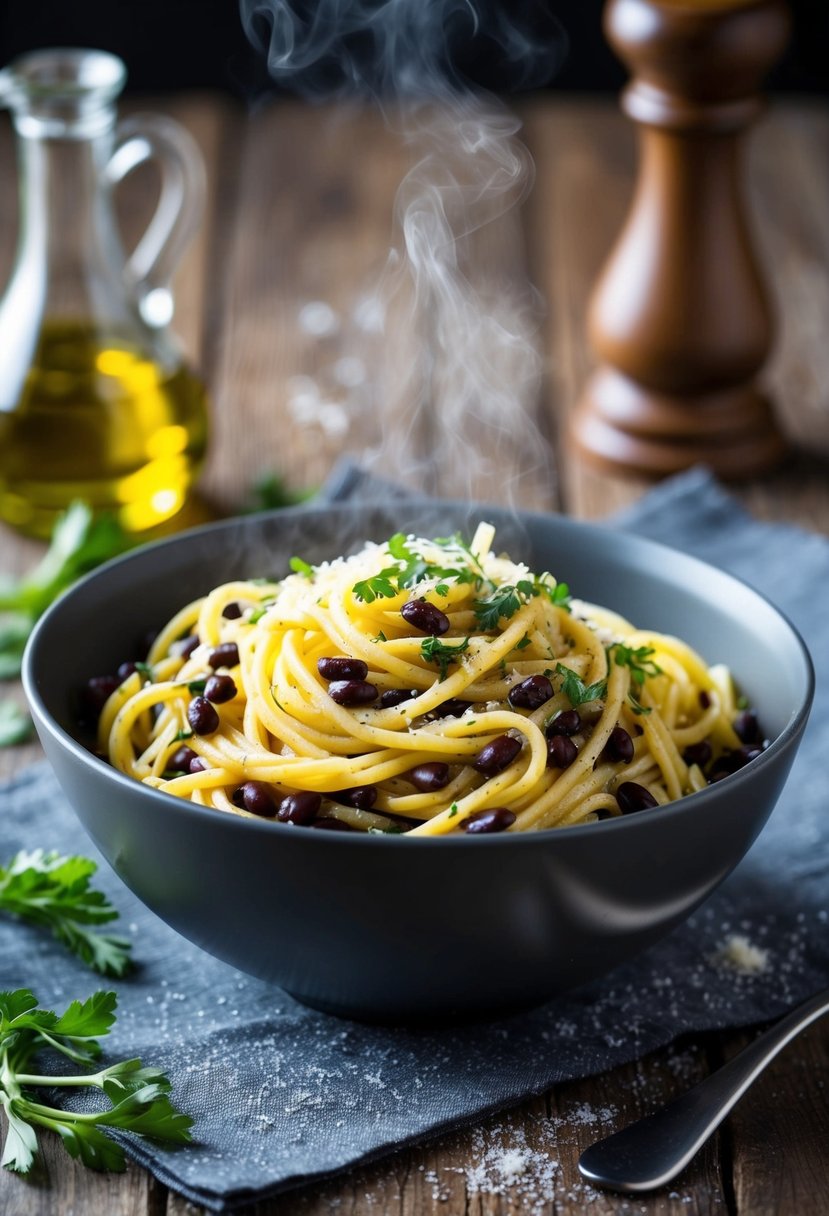 A steaming bowl of black bean pasta tossed in olive oil, garnished with fresh herbs and grated parmesan, sits on a rustic wooden table