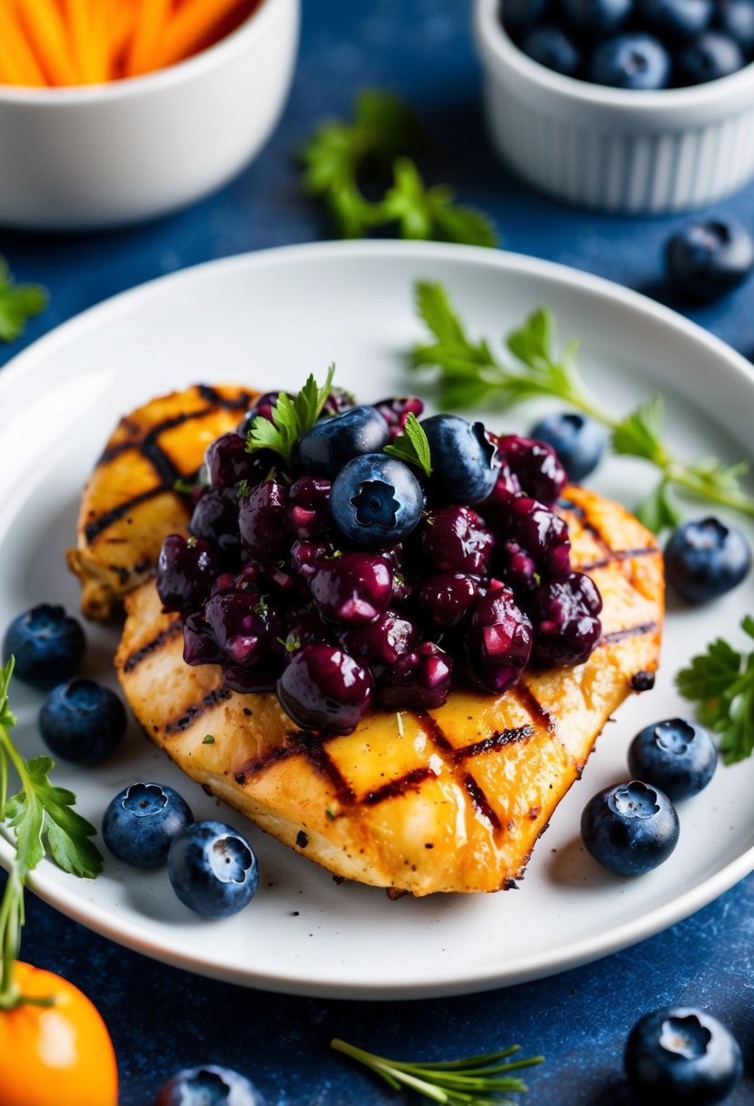 A plate of grilled chicken topped with vibrant blueberry salsa, surrounded by fresh blueberries and herbs