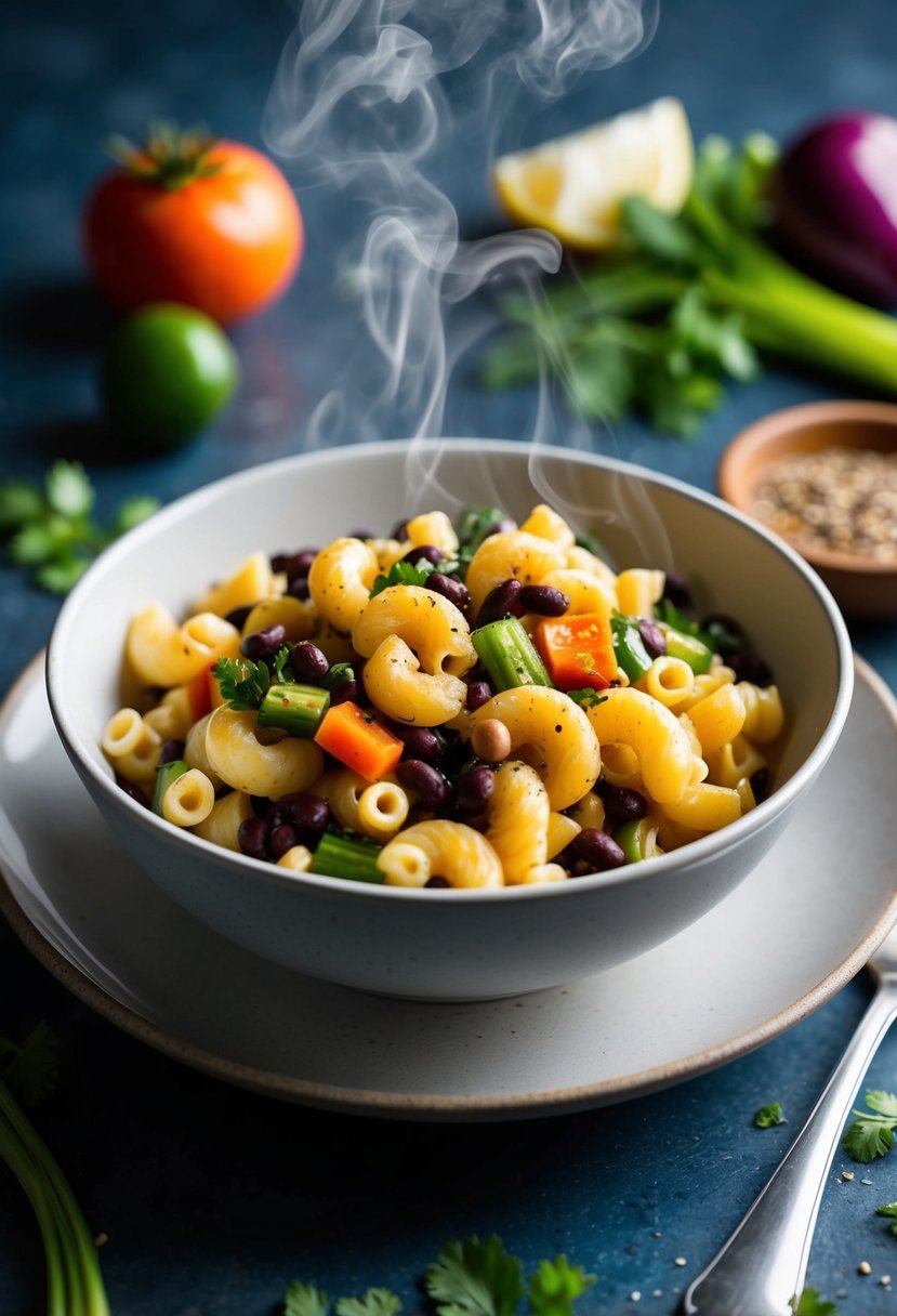 A steaming bowl of black bean macaroni with vibrant vegetables and savory seasonings