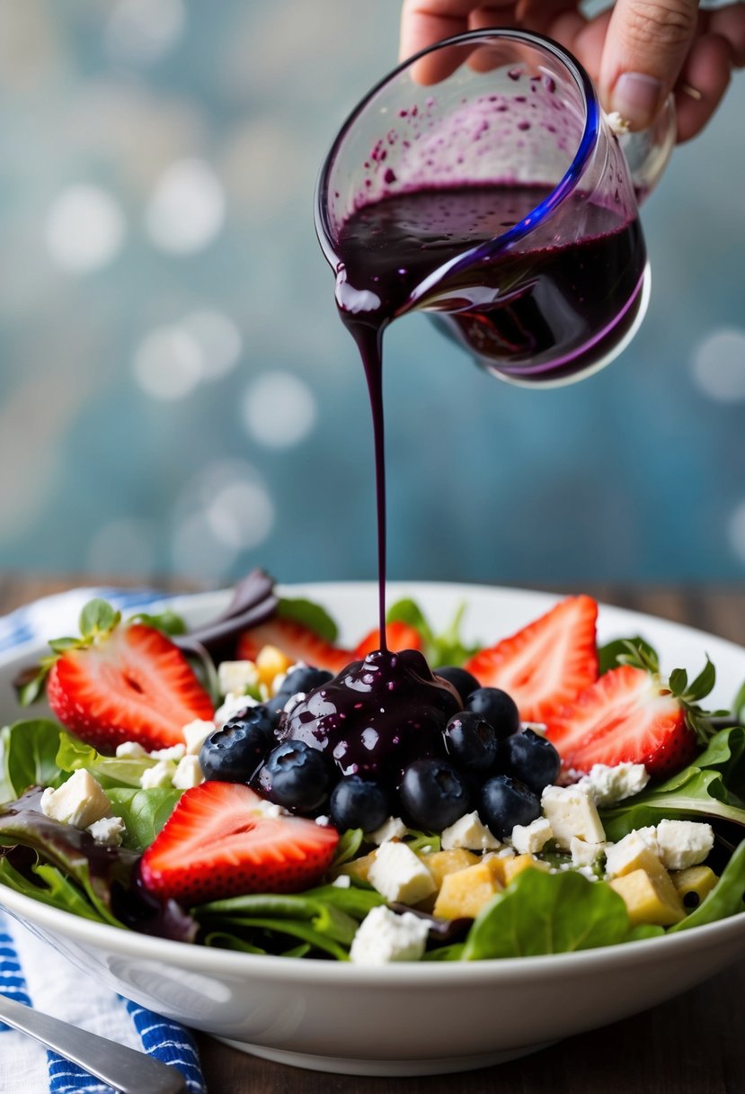 A vibrant blueberry vinaigrette being drizzled over a colorful salad of mixed greens, sliced strawberries, and crumbled feta cheese