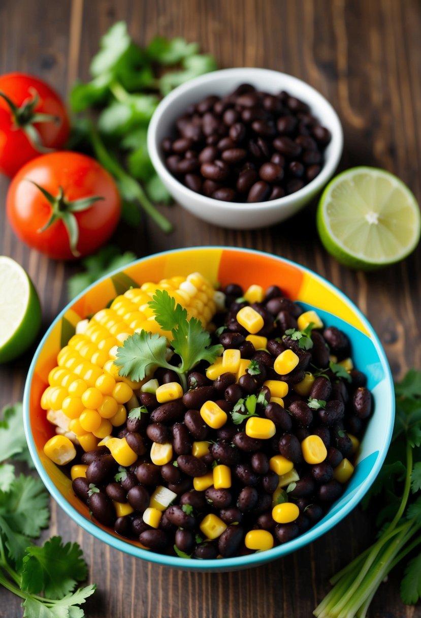 A colorful bowl of black beans and corn sits on a wooden table, surrounded by fresh ingredients like tomatoes, cilantro, and lime