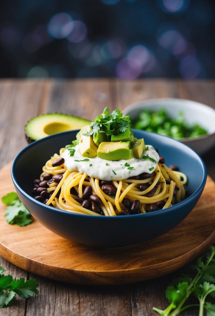 A bowl of black bean spaghetti topped with creamy avocado crema and garnished with fresh herbs