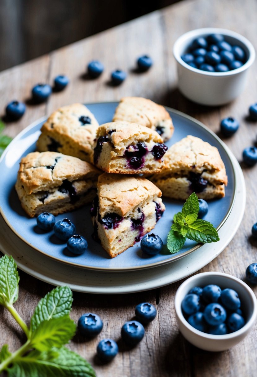 A rustic kitchen table with a plate of whole wheat blueberry scones, surrounded by fresh blueberries and a sprig of mint