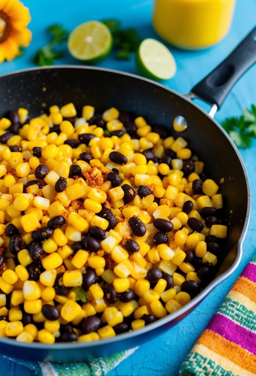 A colorful skillet sizzling with corn kernels, black beans, and vibrant southwestern spices