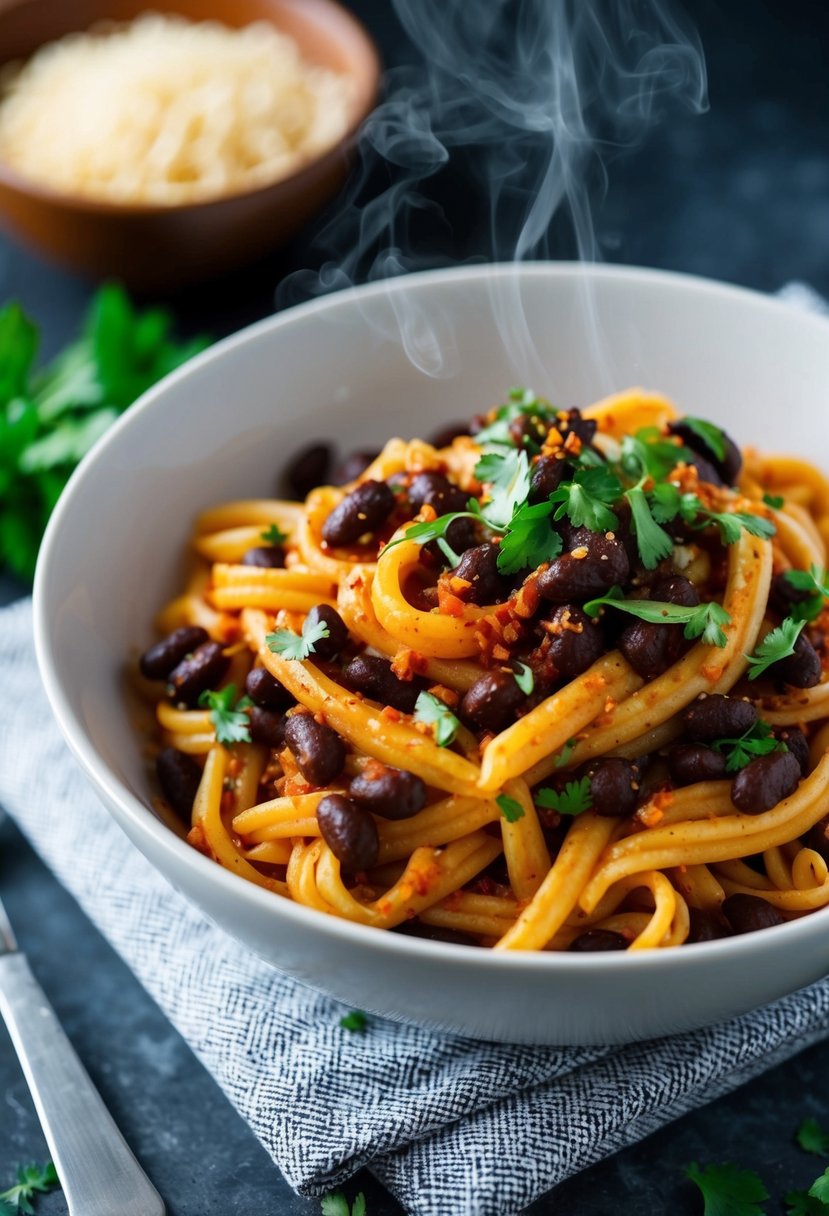 A steaming bowl of chili-infused black bean pasta with fresh herbs and spices