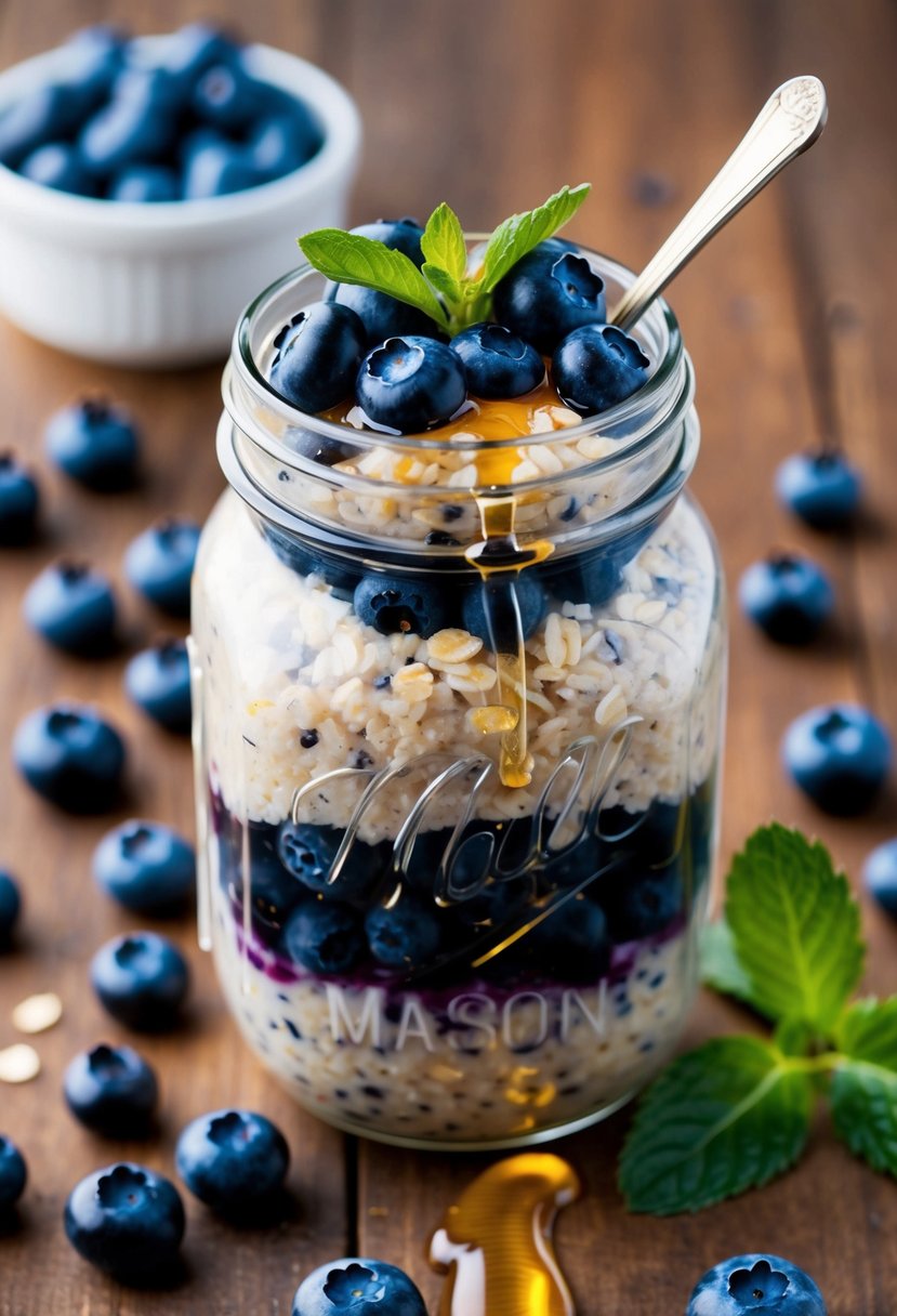 A mason jar filled with blueberry overnight oats topped with fresh blueberries and a drizzle of honey, surrounded by scattered blueberries and a sprig of mint