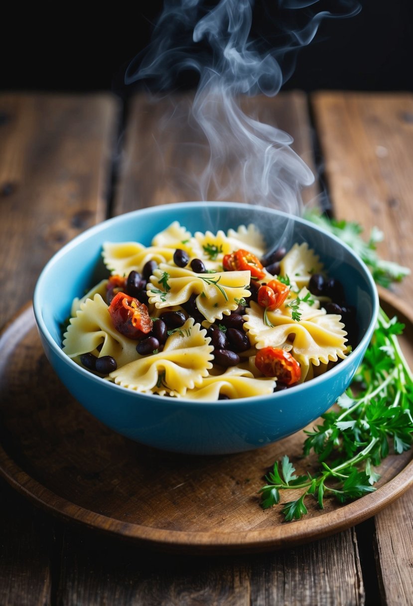 A steaming bowl of bowtie pasta with sundried tomatoes and black beans, garnished with fresh herbs, sits on a rustic wooden table