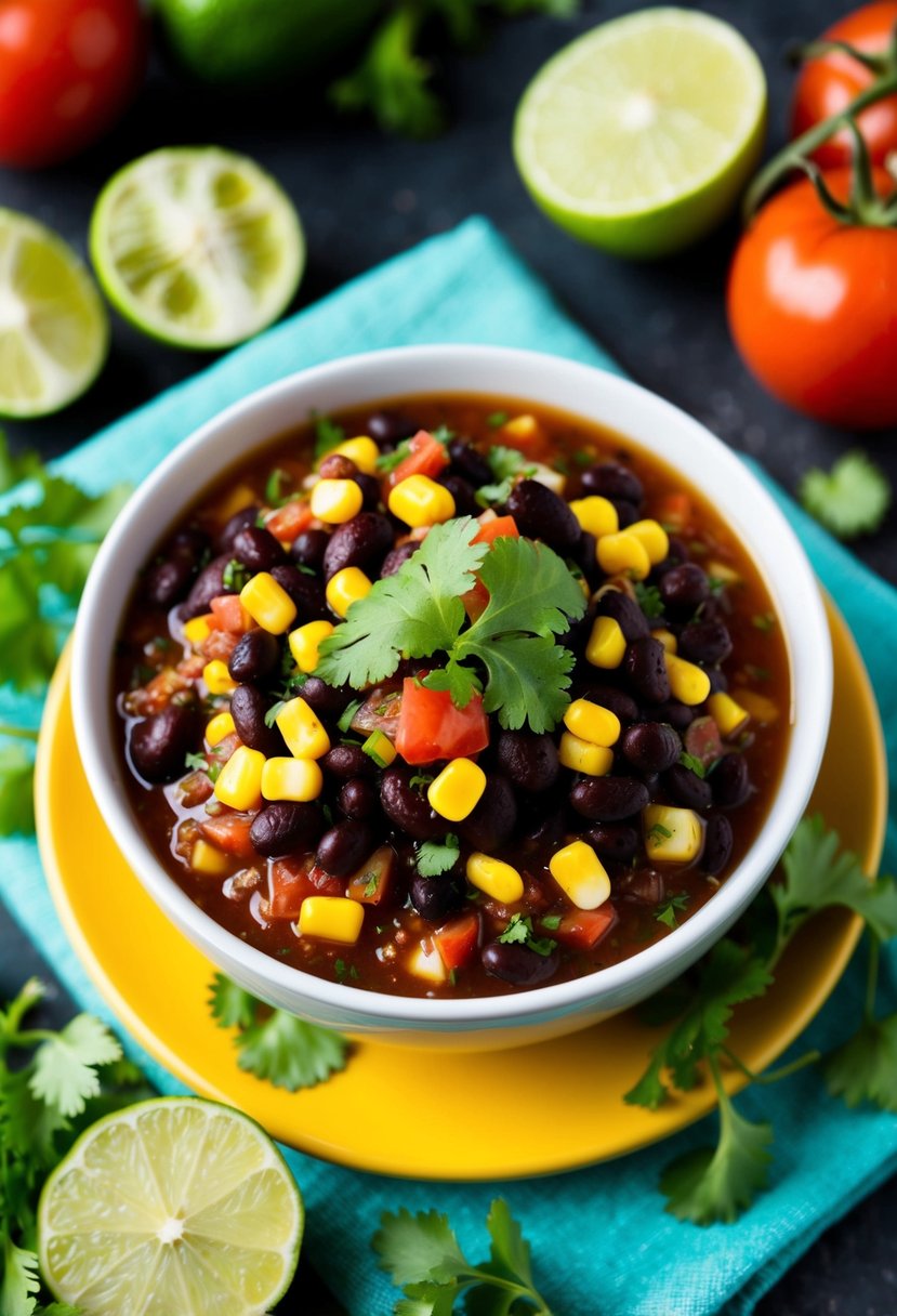 A colorful bowl of salsa with black beans and corn, surrounded by fresh ingredients like tomatoes, cilantro, and lime