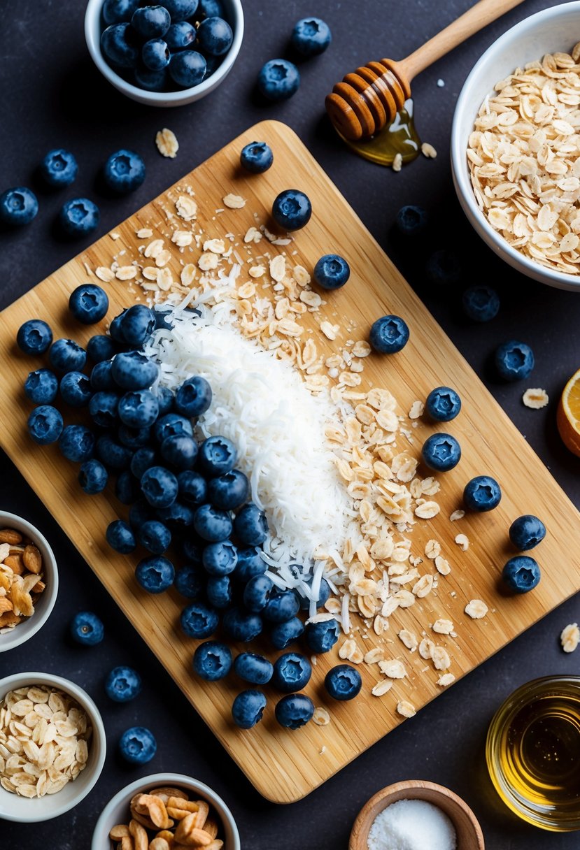 A wooden cutting board with scattered blueberries and shredded coconut. An assortment of ingredients such as oats, honey, and nuts surround the board