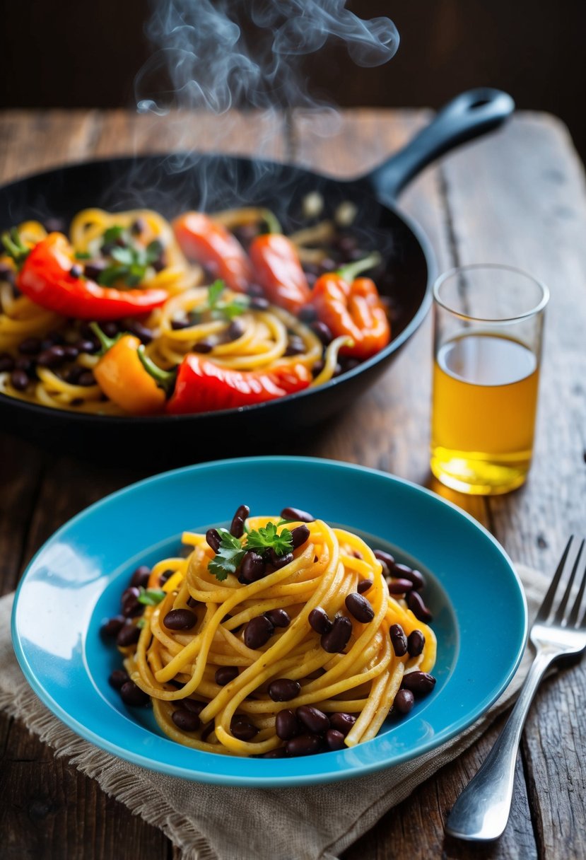 A steaming plate of black bean pasta with roasted peppers on a rustic wooden table