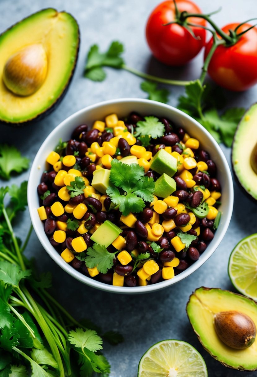 A vibrant bowl of black bean and corn salad with a zesty lime dressing, surrounded by fresh ingredients like cilantro, tomatoes, and avocado