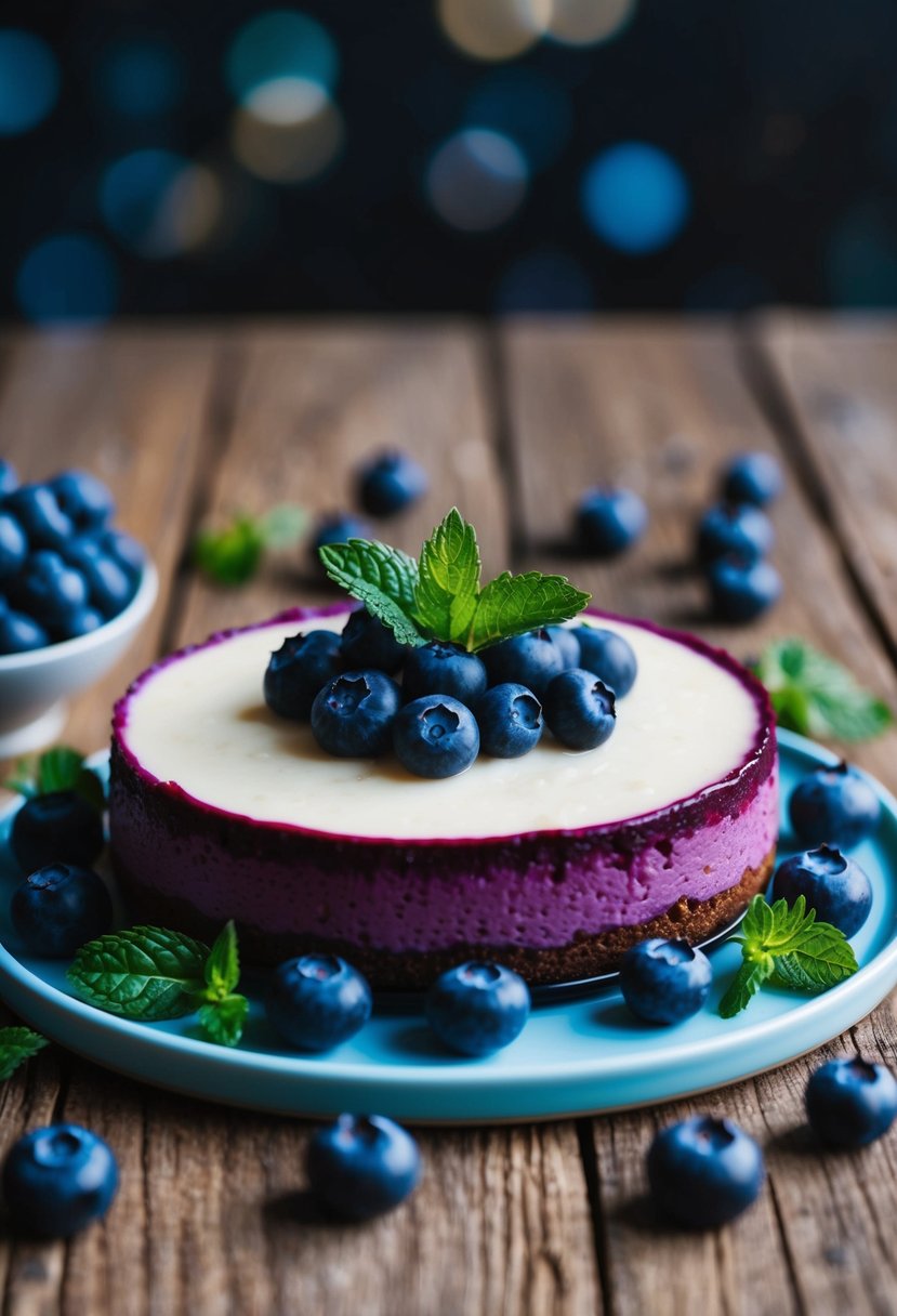 A vibrant blueberry cheesecake surrounded by fresh blueberries and garnished with mint leaves on a rustic wooden table