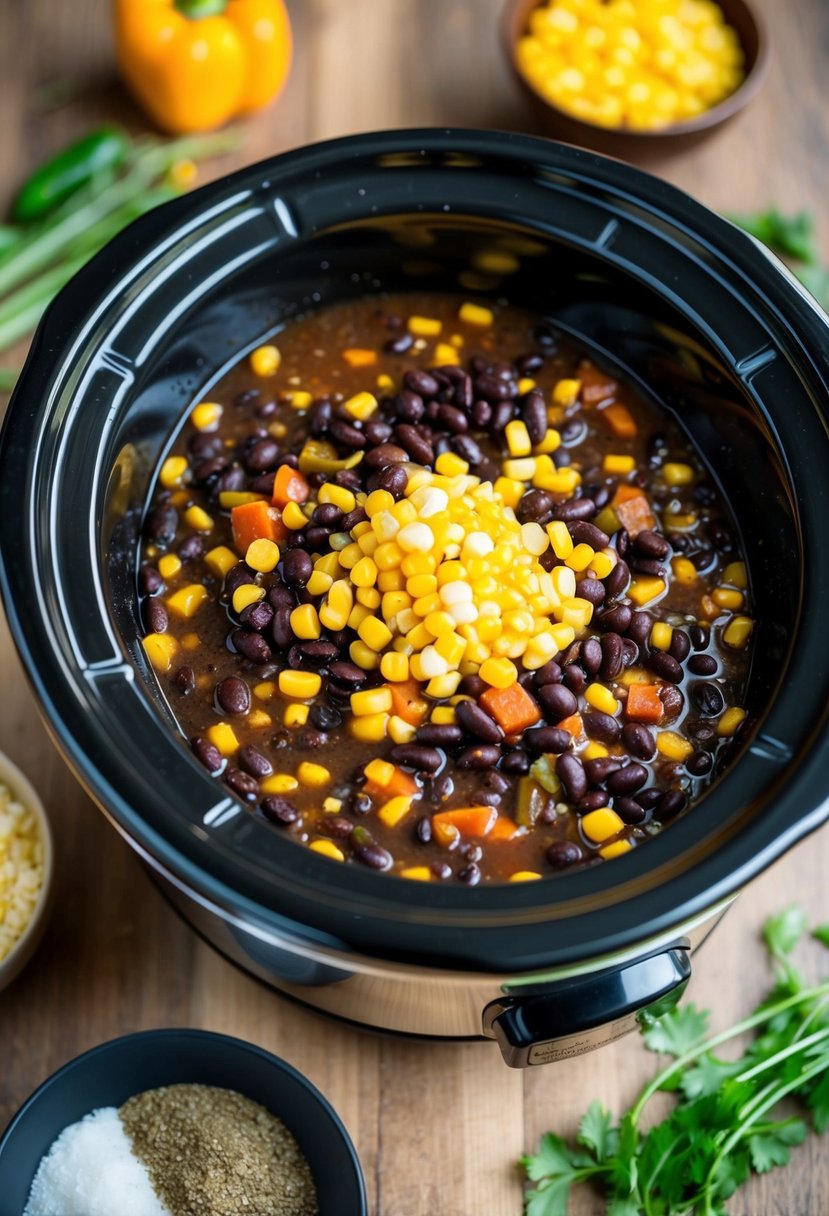 A simmering slow-cooker filled with colorful black beans, corn, and savory southwest spices