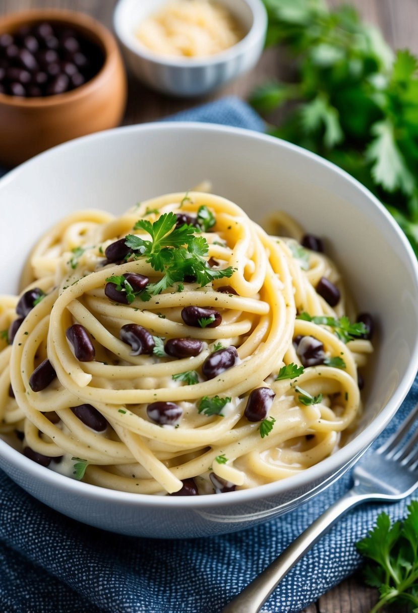 A bowl of creamy black bean alfredo pasta with fresh herbs