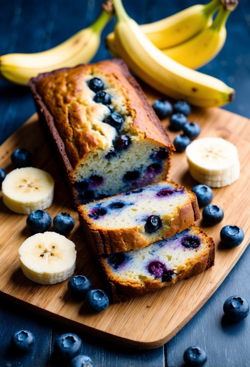 A loaf of blueberry banana bread surrounded by fresh blueberries and bananas on a wooden cutting board