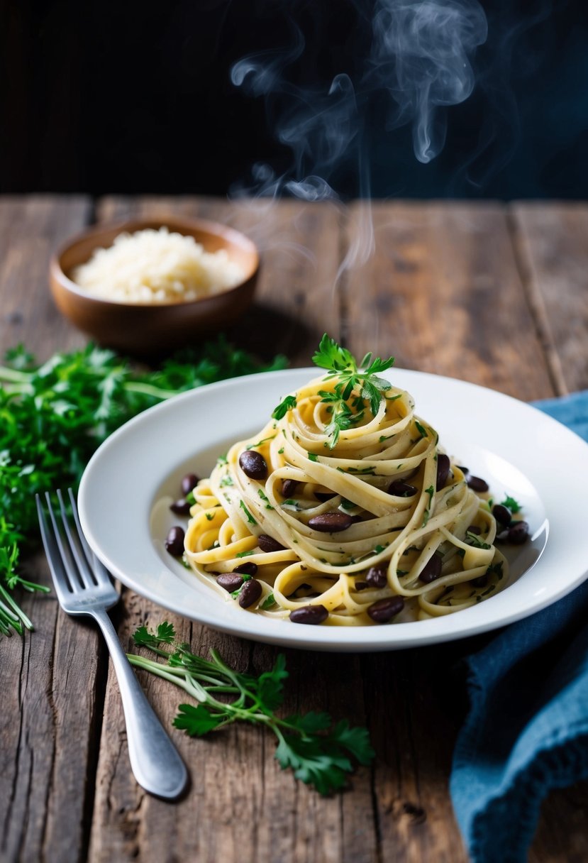 A steaming plate of herbed black bean linguine, garnished with fresh herbs and served on a rustic wooden table